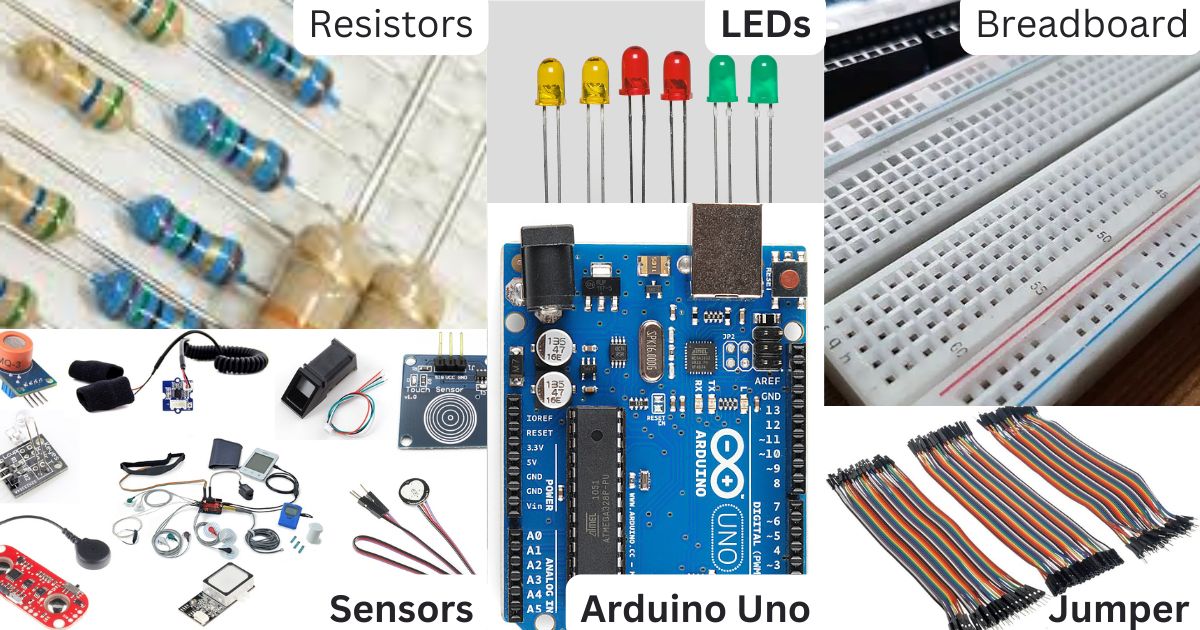 Essential Arduino components laid out